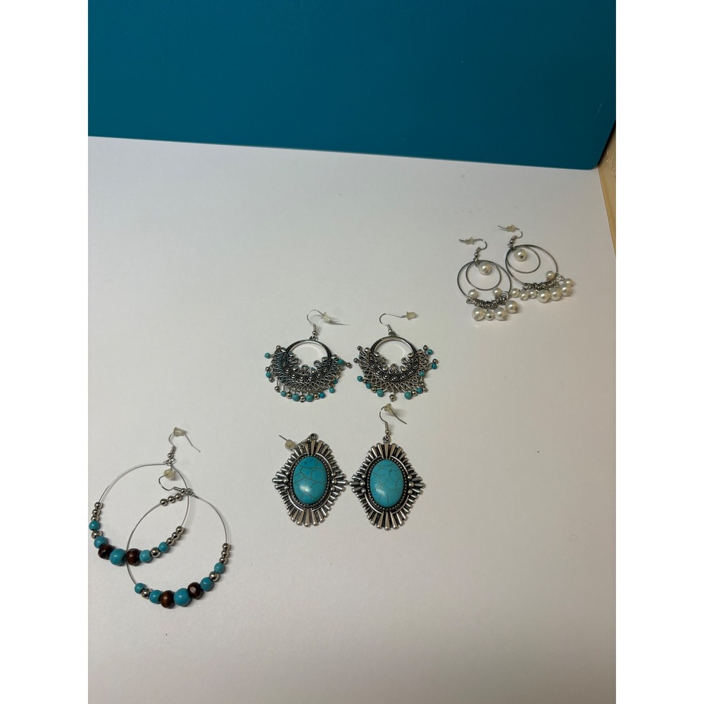 Mixed Boho Earring Set Turquoise Faux Pearl Silver Tone Hoop Chandelier 4 Pairs